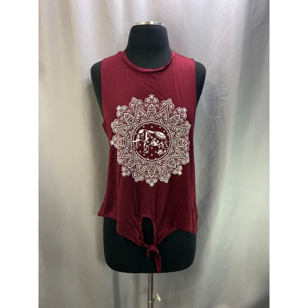 Stella Tweed Sleeveless Tank Top Womens Large Maroon Graphic Knotted Front Hem